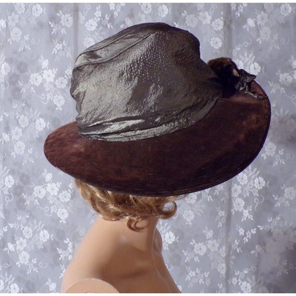 Antique Edwardian Bird Hat 1900s 1910s Wide Brim Silk Velvet Dramatic Steampunk - Picture 3 of 7